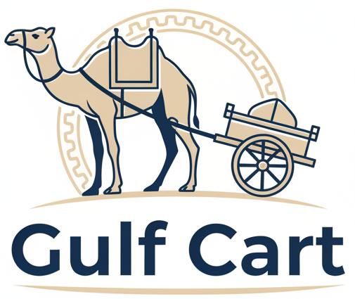 create a logo for my shop name gulf cart also add a camel and cart of navy blue and soft sand